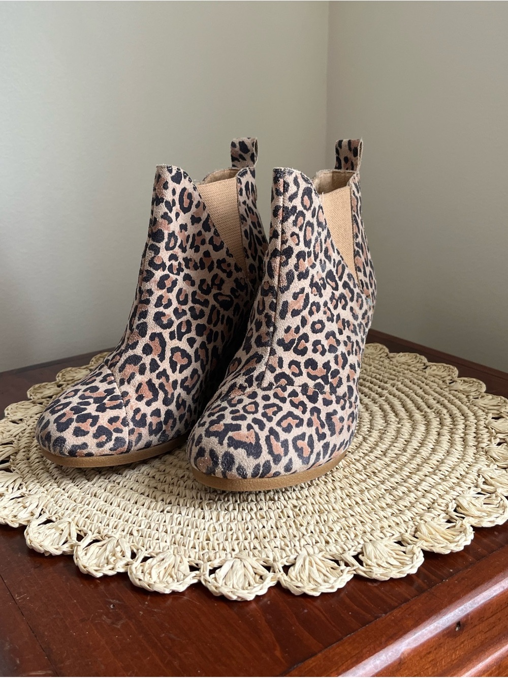 Toms Leopard Print Chelsea Ankle Booties in Tan and Black